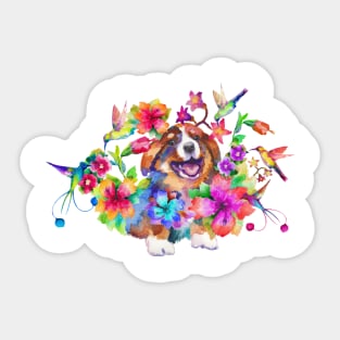 Corgi pup in flowers Sticker